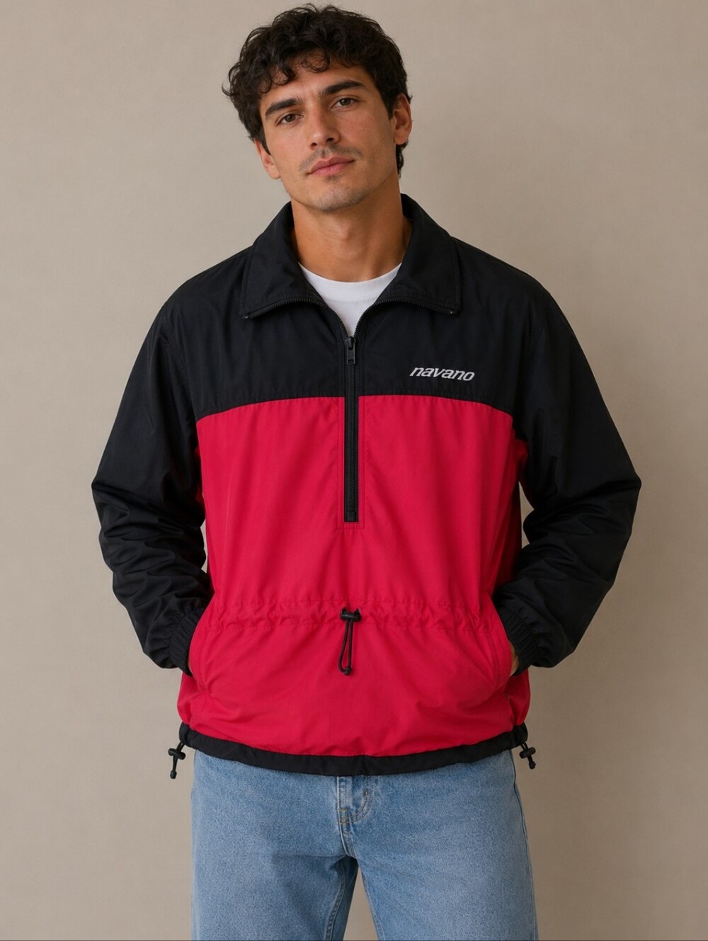 Vintage Navano Large Athleisure Men's Black and Red Lightweight Jacket